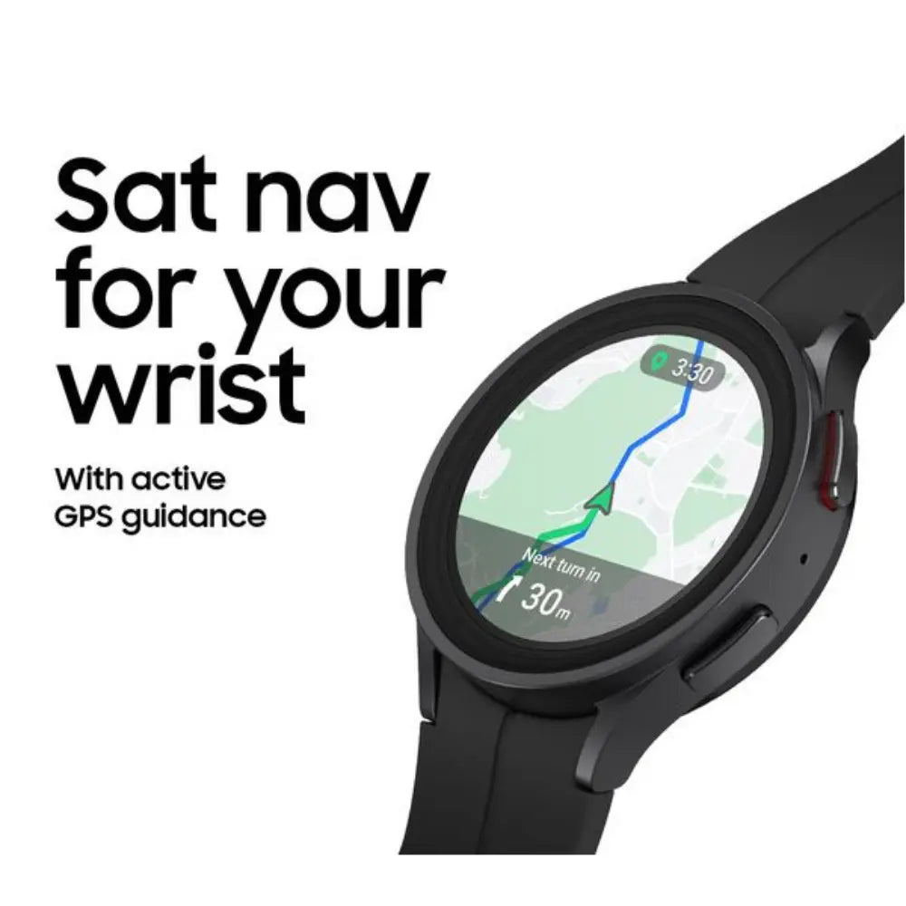 Samsung Galaxy Watch5 Pro BT smartwatch with black strap and GPS map on screen