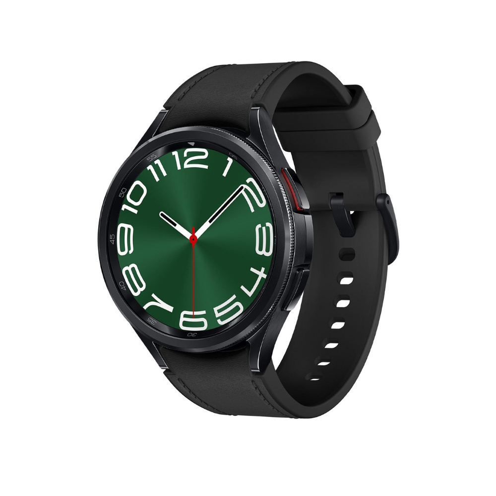 Black smart watch with green dial, red second hand, and black silicone band