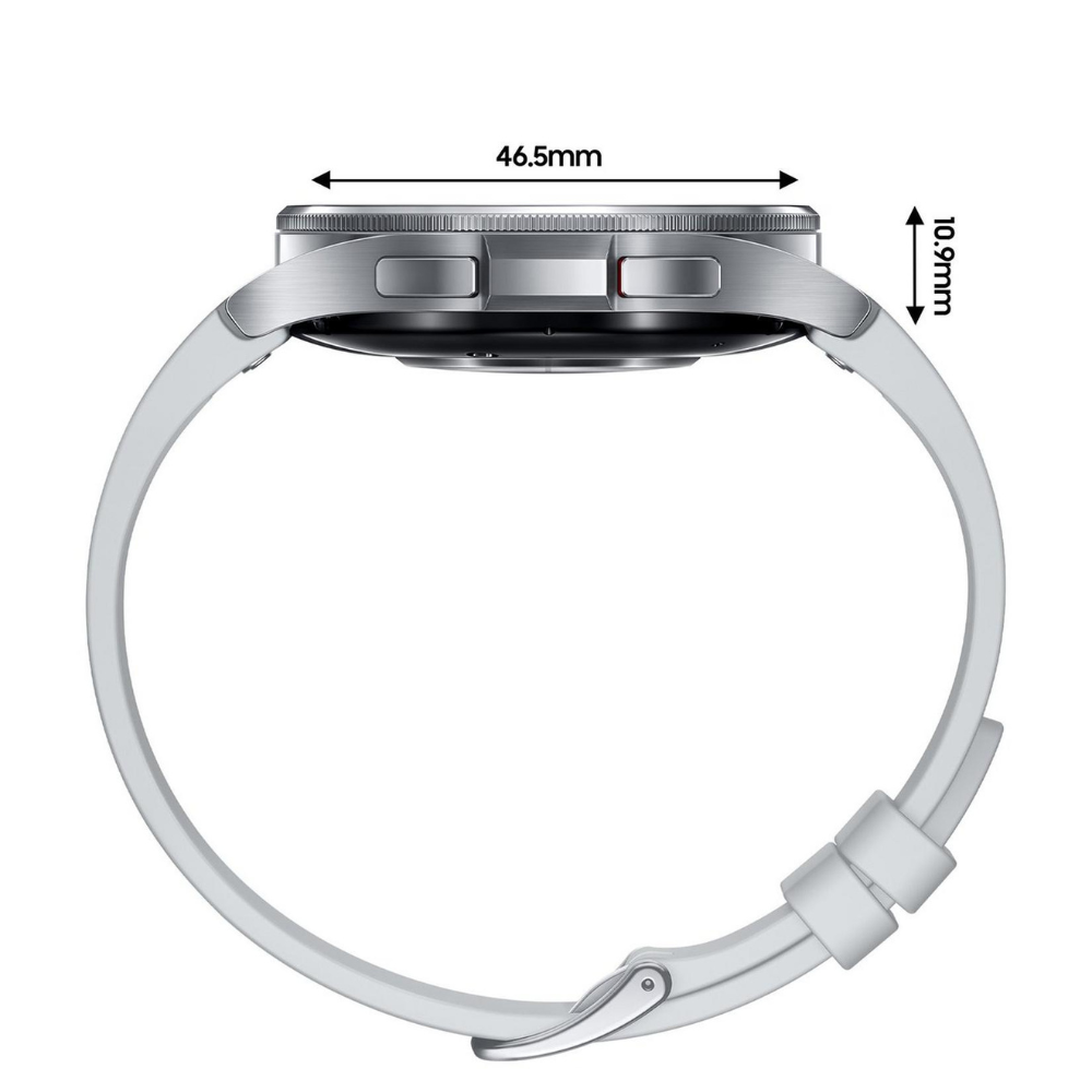 Silver smart watch from side view, round case with lugs and light-gray band