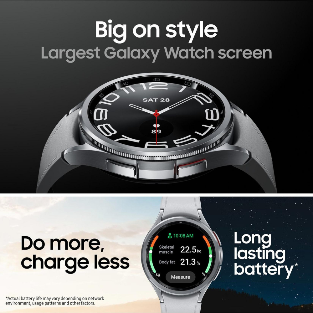 Silver smart watch front with black dial and red marker on bright display
