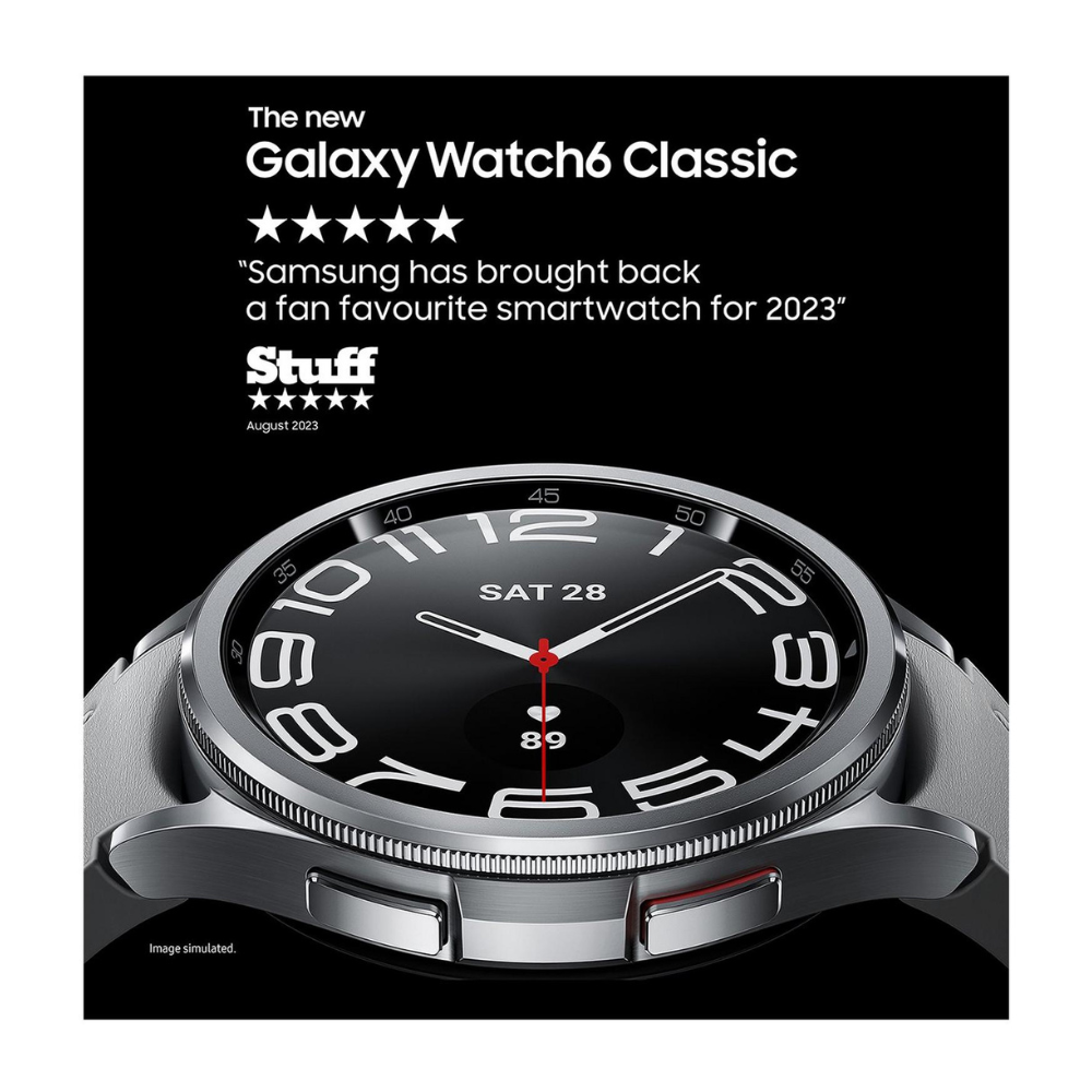 Silver smartwatch front with black dial, red accents, and ridged metal bezel