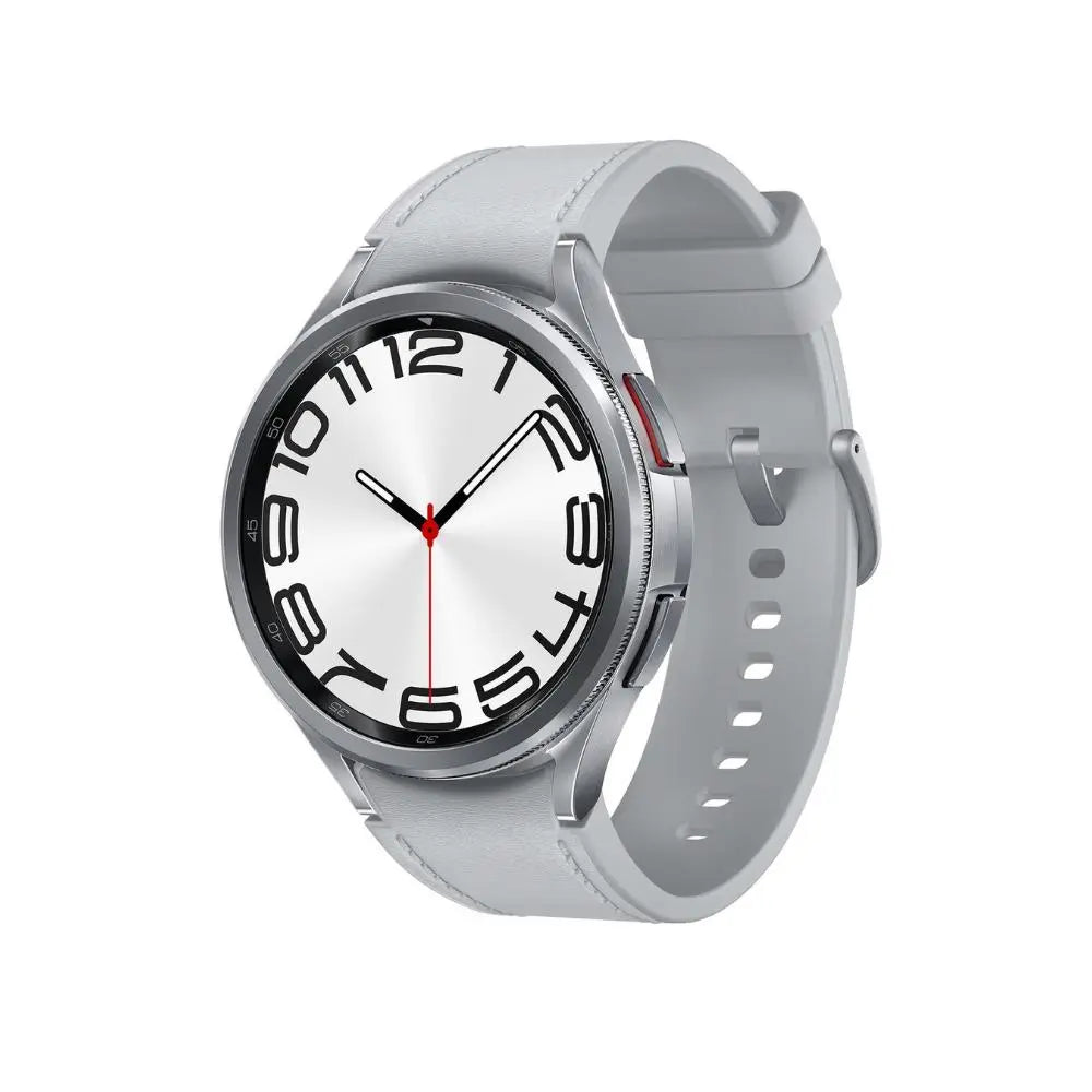 Samsung smartwatch with silver case, fabric band, rotating bezel and black dial with red seconds hand