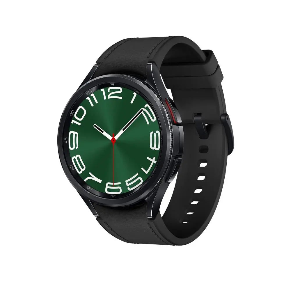 Samsung smartwatch with black case, black fabric band, rotating bezel and green dial with red hands