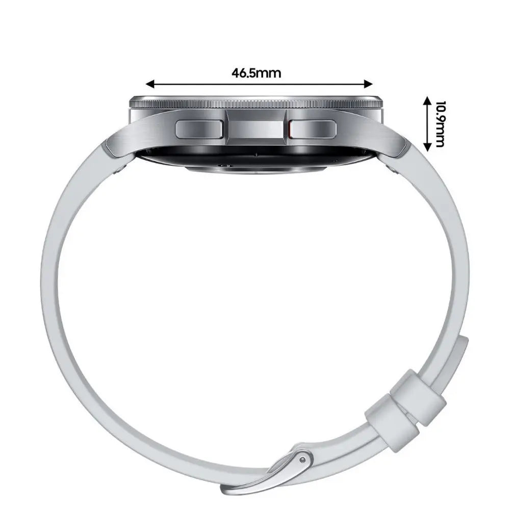 Samsung smartwatch top view with silver case, rotating bezel, and light gray fabric band