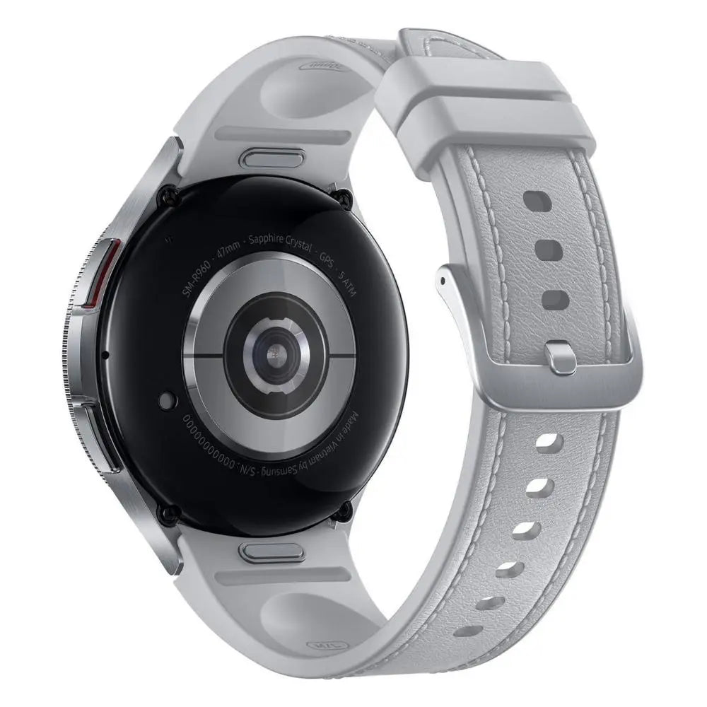 Samsung smartwatch back view with light gray fabric band and silver case with sensor area