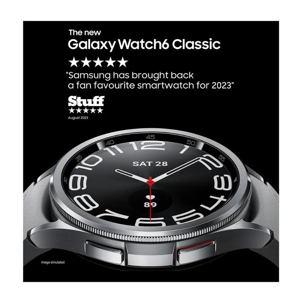 Samsung smartwatch with black dial, red seconds hand and stainless rotating bezel