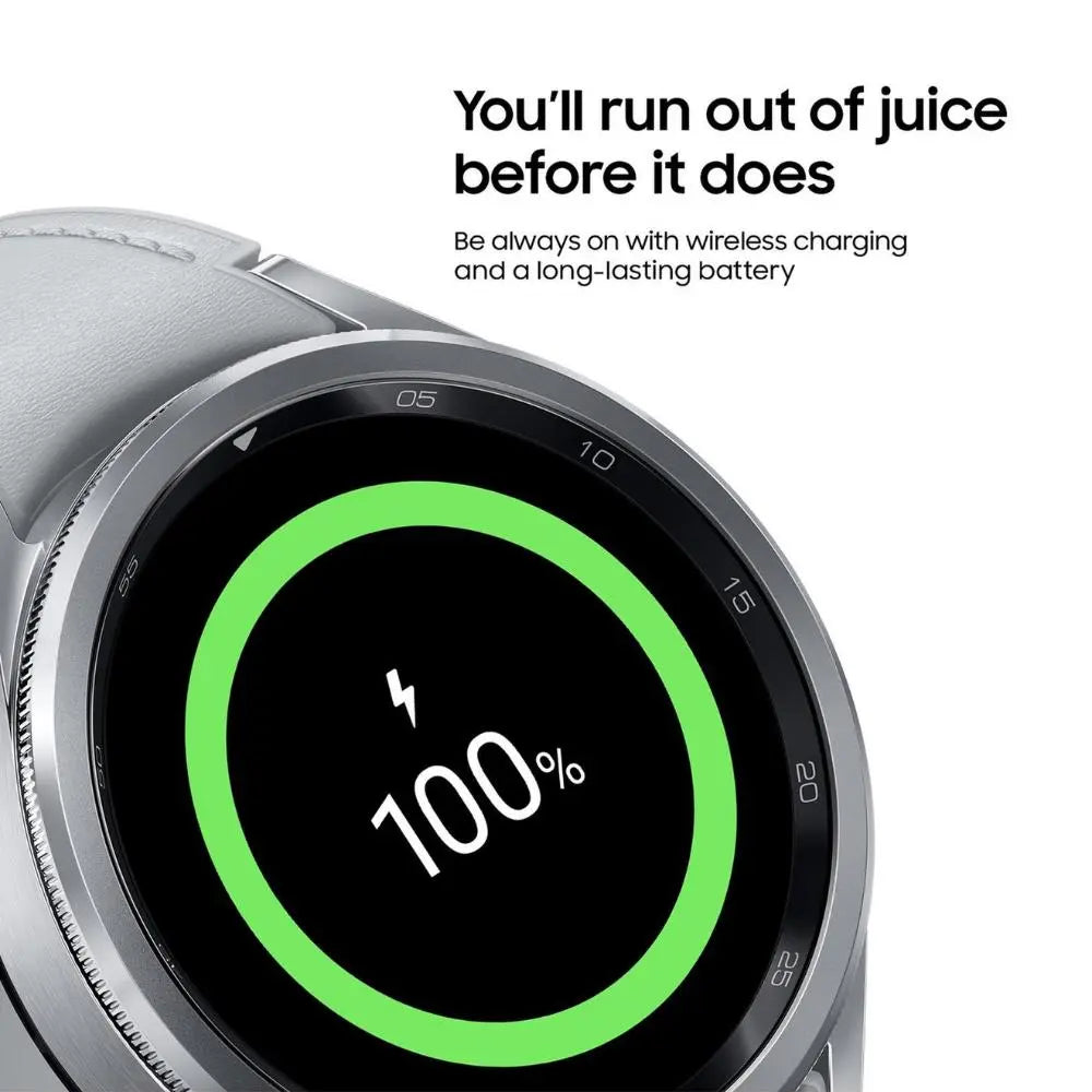Samsung smartwatch close-up with silver bezel, black screen and green circular battery indicator