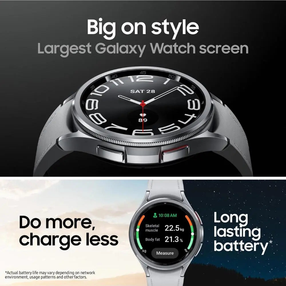 Samsung smartwatch with silver bezel and black screen, with small app display inset