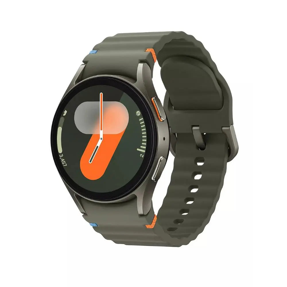 Green smartwatch with round display, silver case, and dark green silicone band
