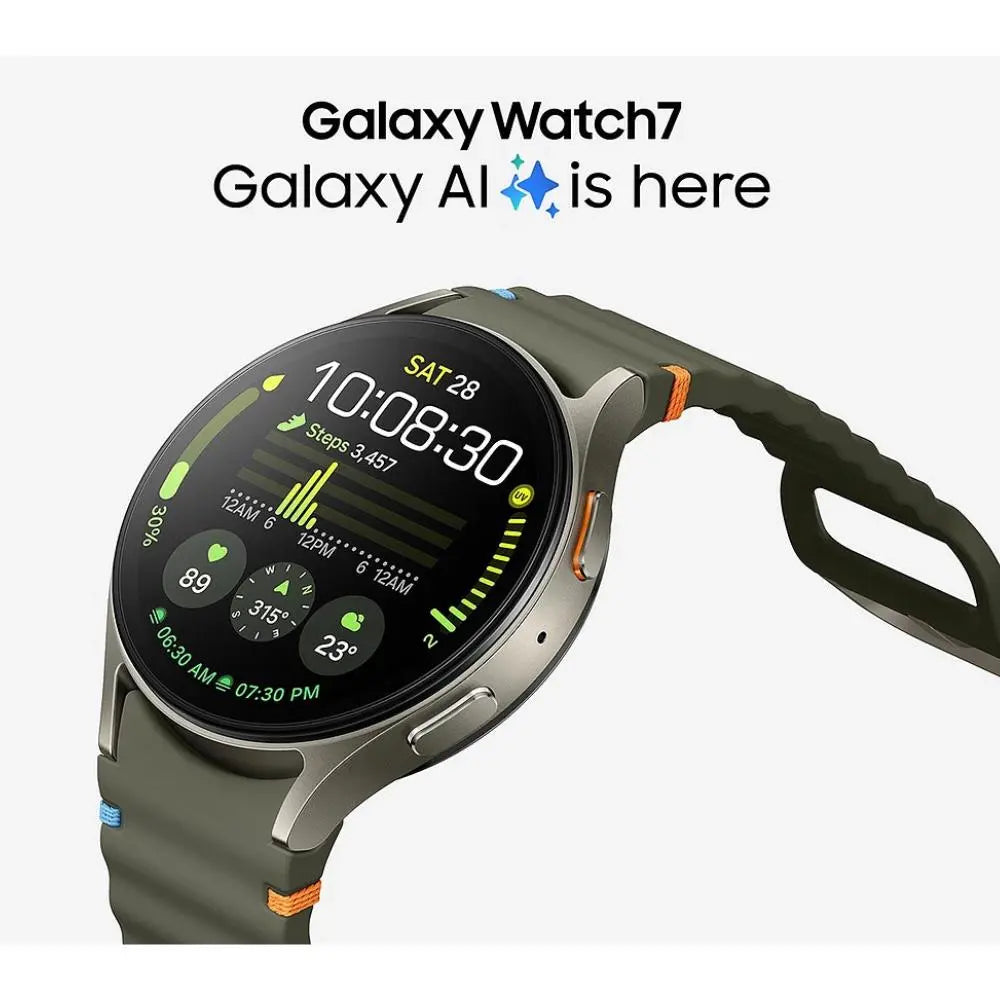 Green smartwatch with round screen showing time and activity rings, silicone strap