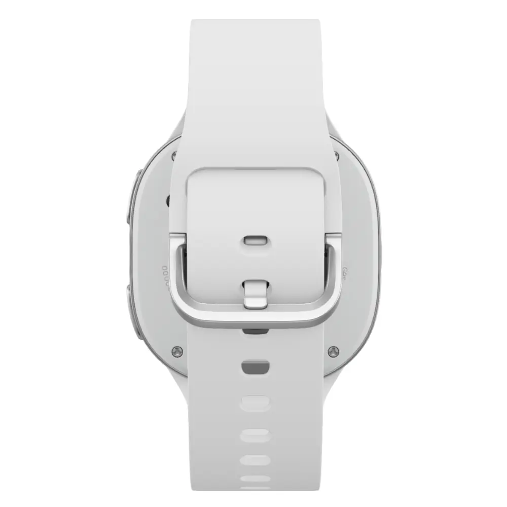 Samsung Galaxy Watch8 40mm back view with white silicone band and charging connectors