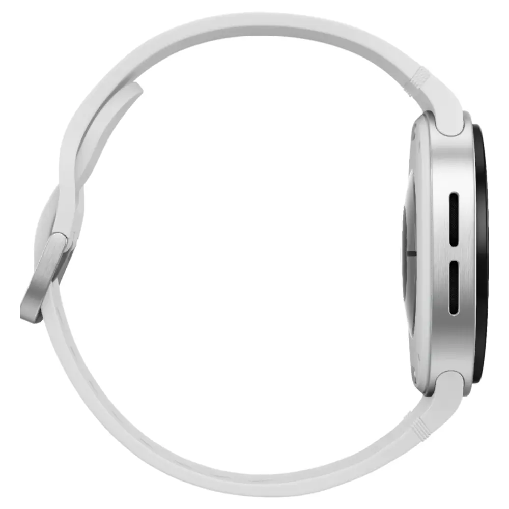 Samsung Galaxy Watch8 40mm silver side view with buttons and white silicone strap