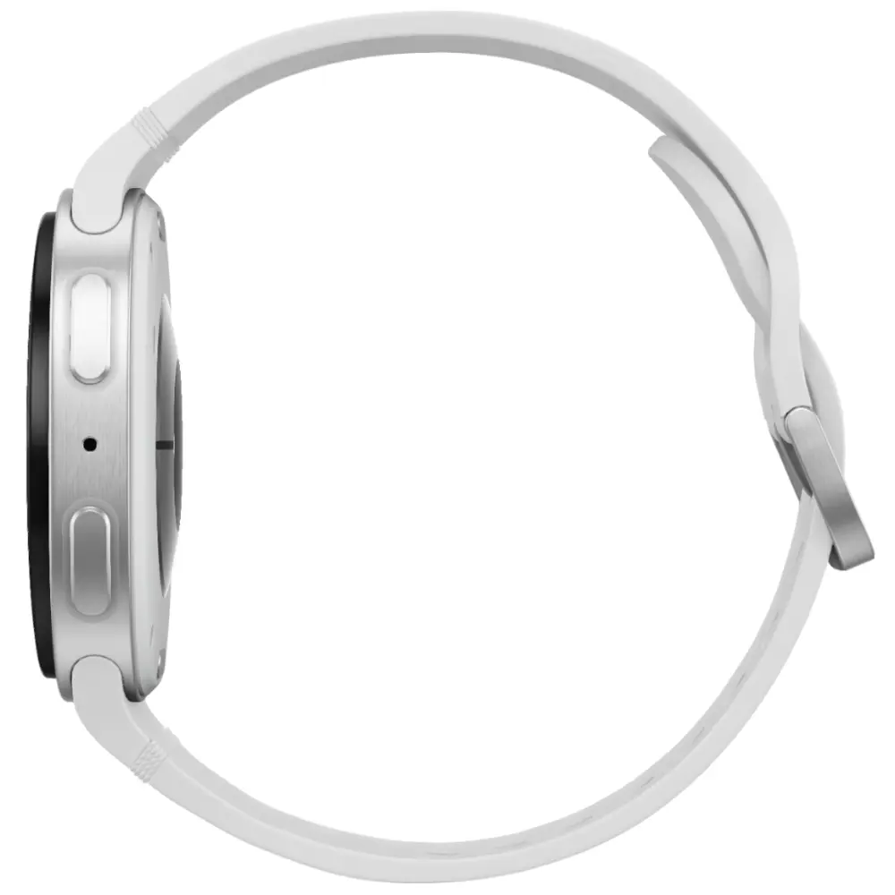 Samsung Galaxy Watch8 40mm opposite side view with white strap and silver watch case