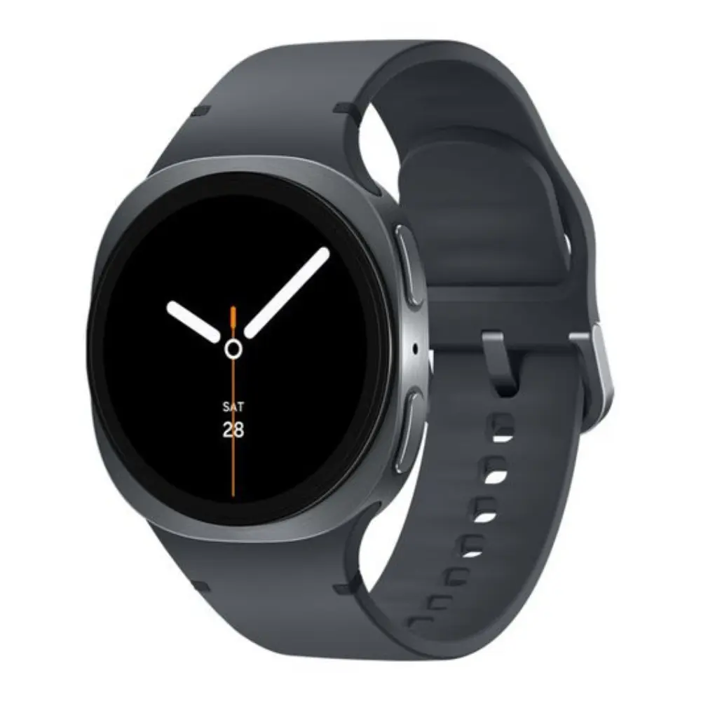 Graphite smartwatch with black face, perforated band, and orange-accent time display
