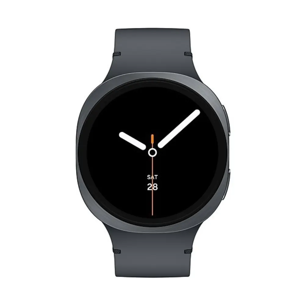 Graphite smartwatch with black dial and orange-accent hands, front view