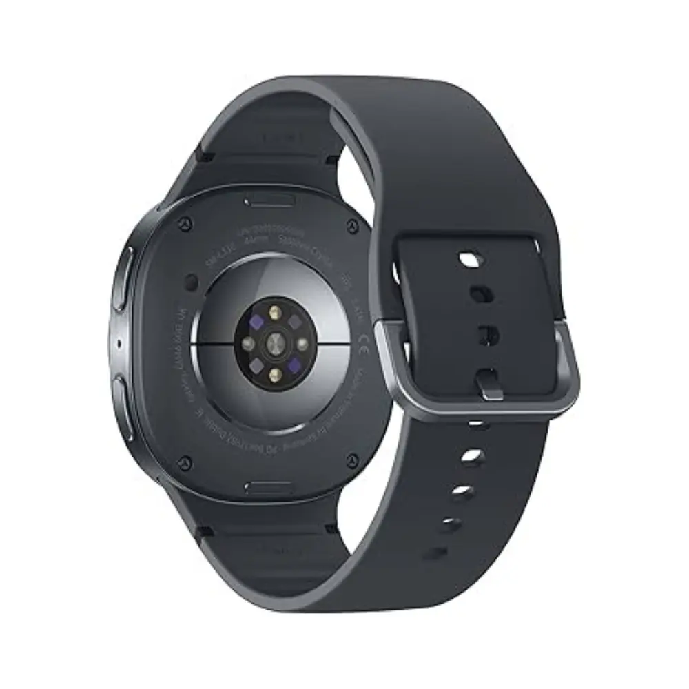 Graphite smartwatch back view with sensor module and perforated silicone strap