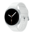 44mm smartwatch with silver case, light gray strap, black display with time