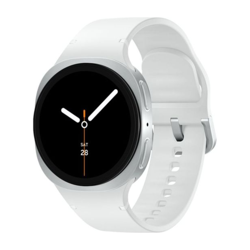 44mm smartwatch with silver case, light gray strap, black display with time