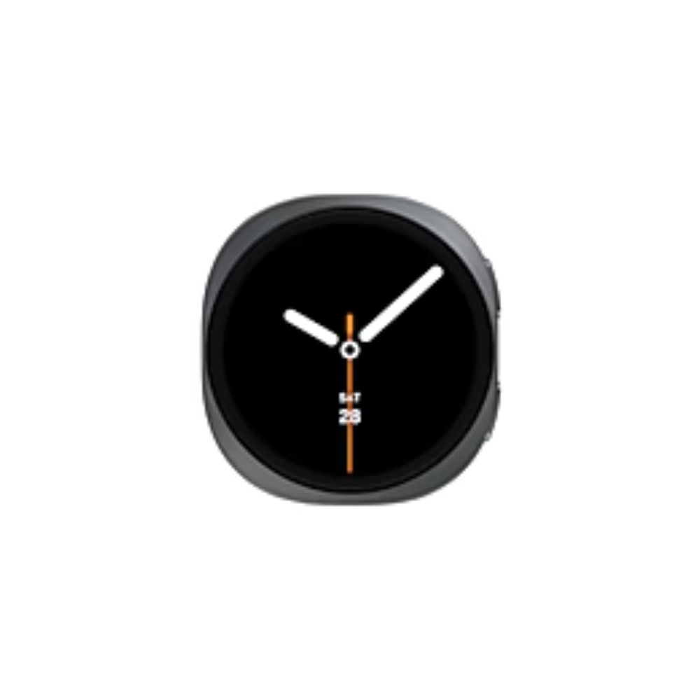 44mm smartwatch with black screen, silver round case, orange and white watch hands