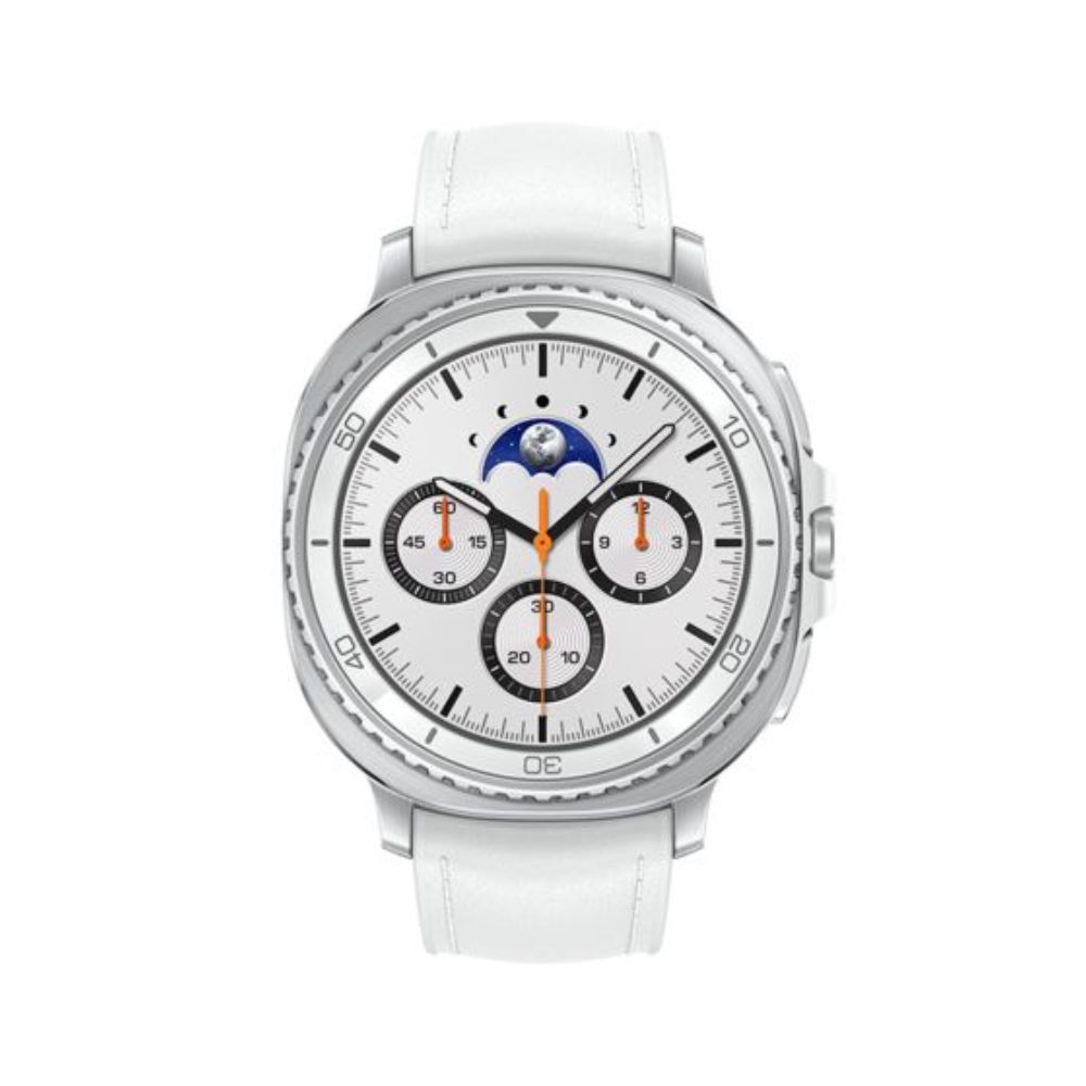 White leather strap smart watch with silver bezel and multi-dial chronograph face