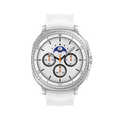White leather strap smart watch with silver bezel and multi-dial chronograph face