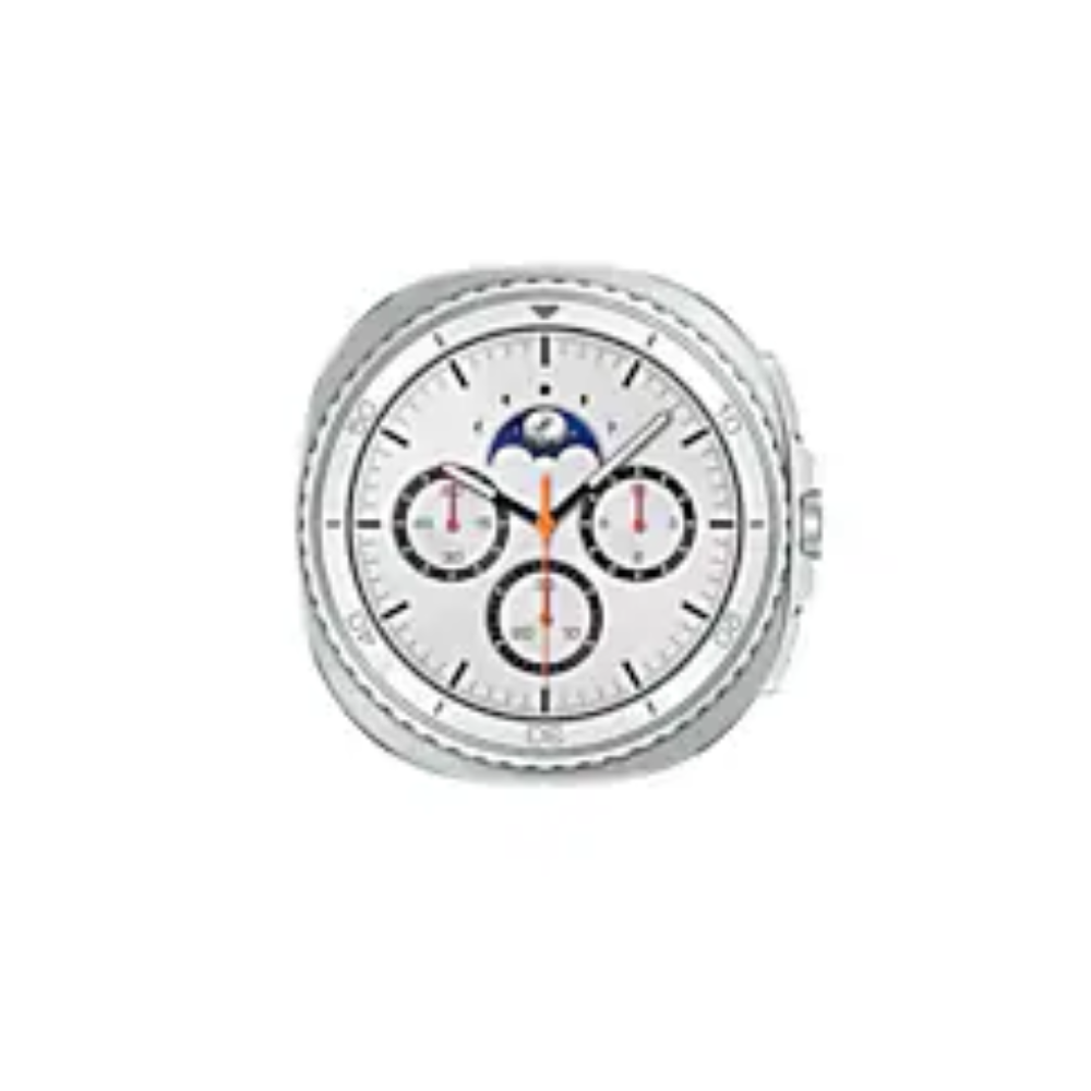 White strap smart watch with silver bezel and central multi-dial watch face