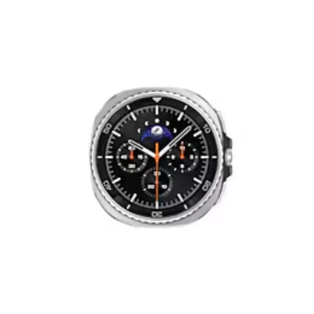 Black dial smartwatch with silver bezel and black leather strap, orange markers