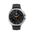 Silver round smartwatch with black dial, black leather strap, three subdials