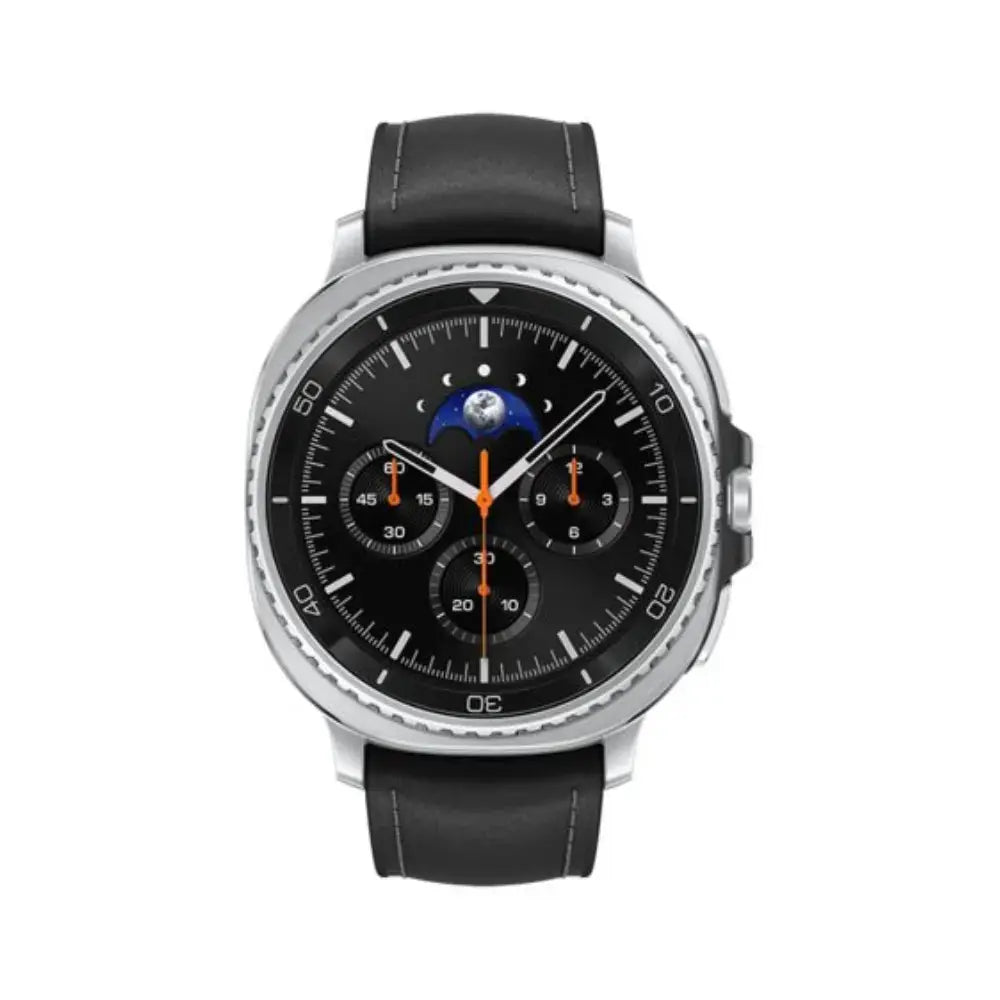 Silver round smartwatch with black dial, black leather strap, three subdials