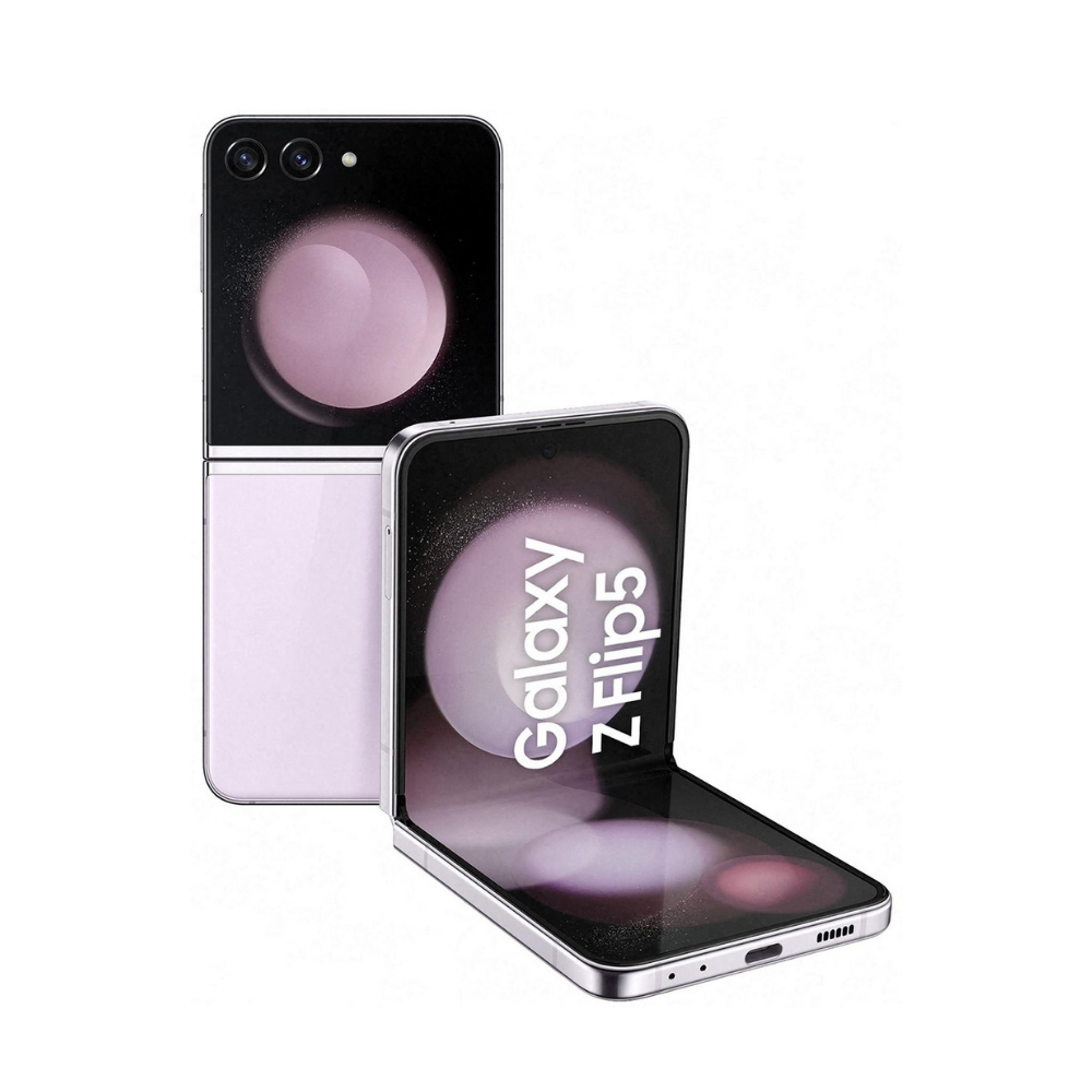 Galaxy Z Flip5 foldable phone in lavender, open with front cover screen showing