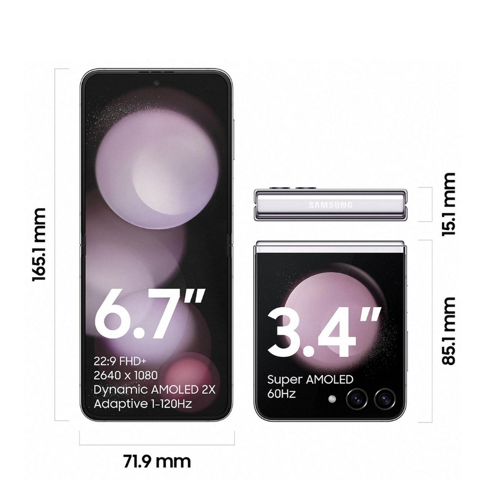 Galaxy Z Flip5 foldable phone in lavender with front display and cover screen