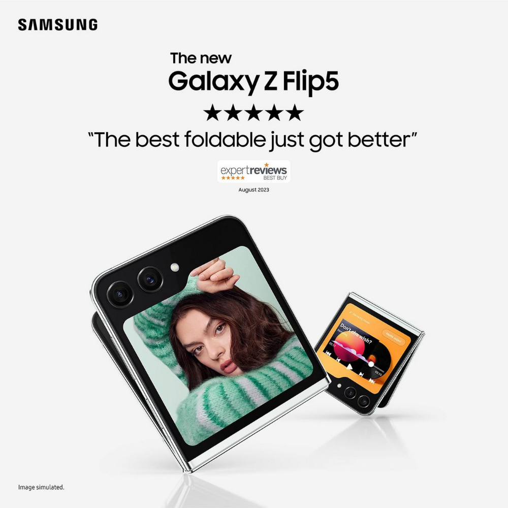 Galaxy Z Flip5 foldable phone in dark color, open with inner screen visible