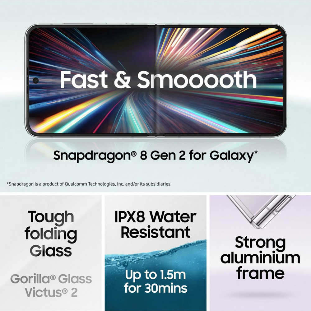 Galaxy Z Flip5 foldable phone front display with motion blur graphics