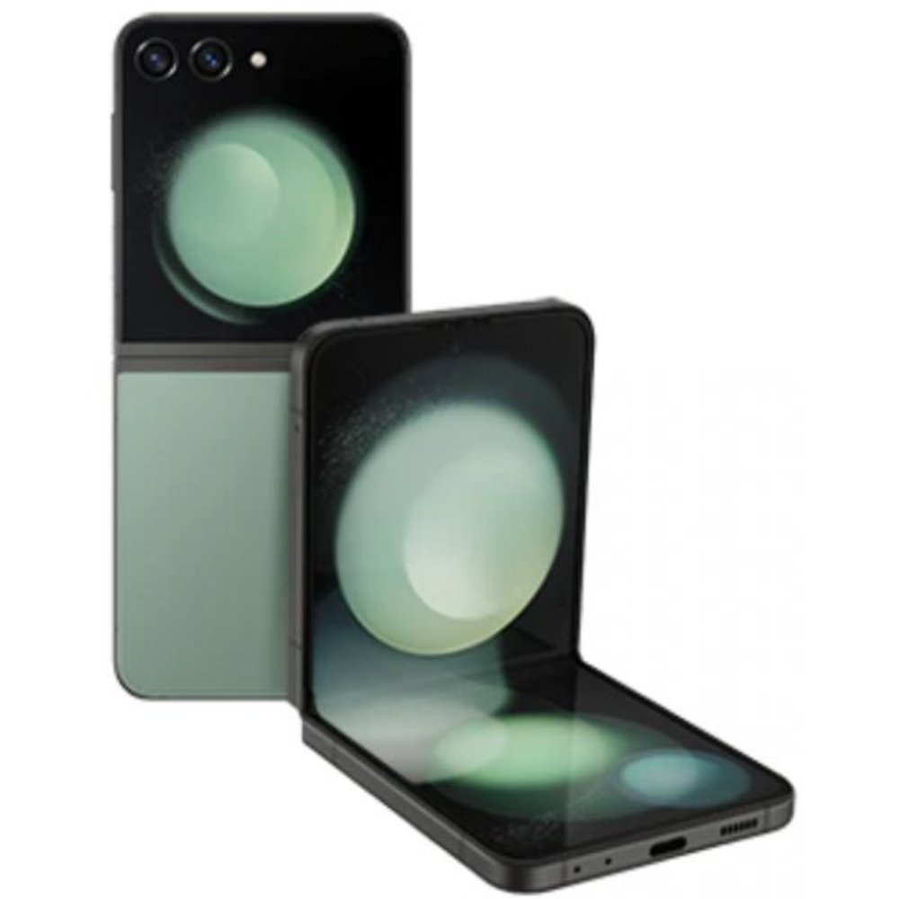 Galaxy Z Flip5 foldable phone in mint, open with cover and inner screens
