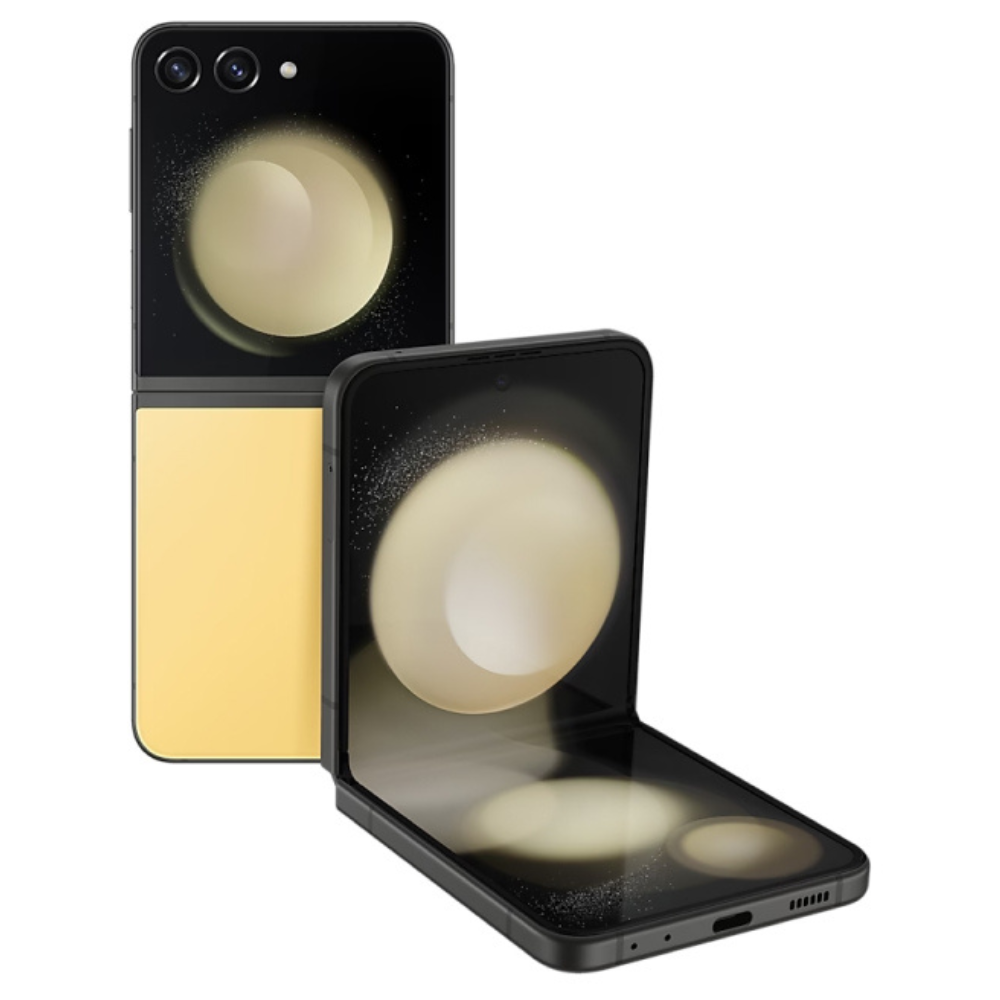 Galaxy Z Flip5 foldable phone in yellow and dark, open with inner screen