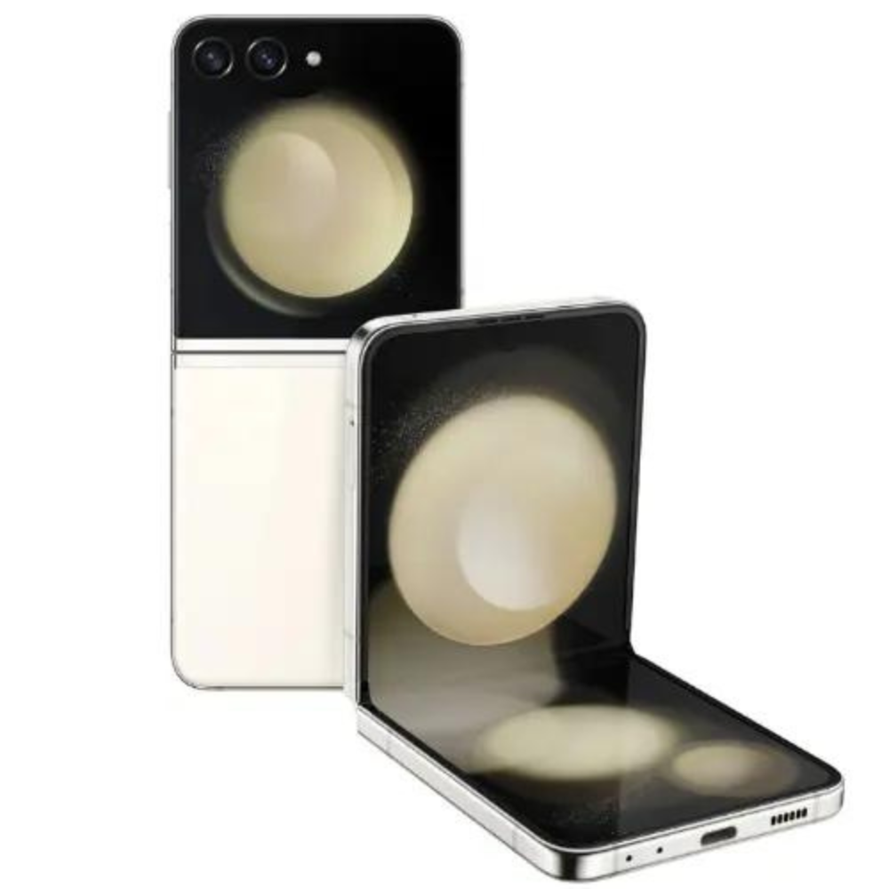 Galaxy Z Flip5 foldable phone in cream and dark, open with inner screen visible