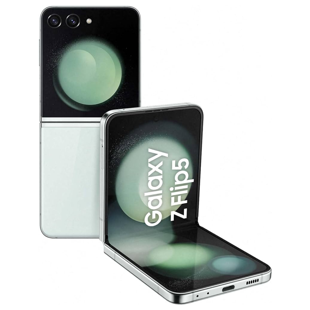 Galaxy Z Flip5 foldable phone in mint with open cover screen showing "Galaxy Z Flip5"
