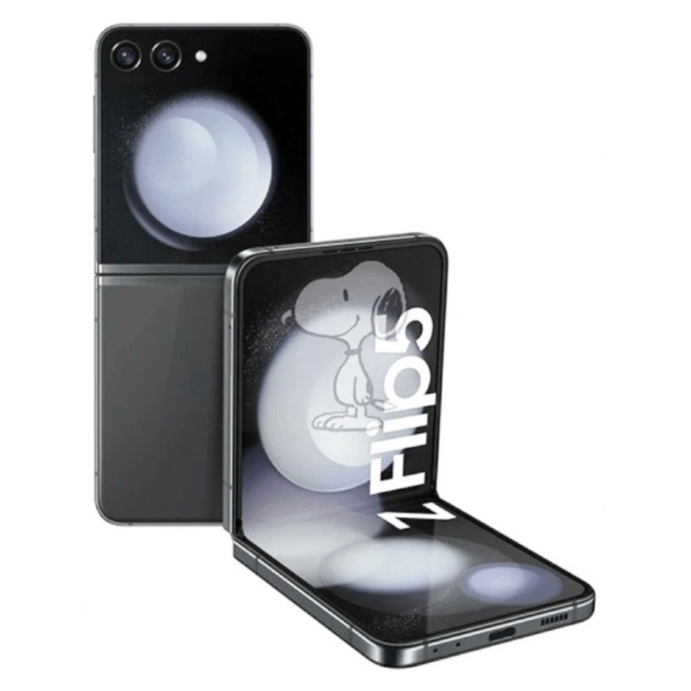 Galaxy Z Flip5 foldable phone in dark gray with open screen showing "HELLO"