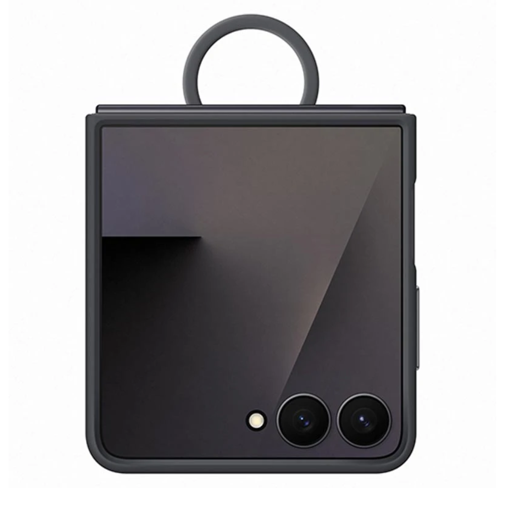 Black silicone phone case with ring handle and dual camera cutouts