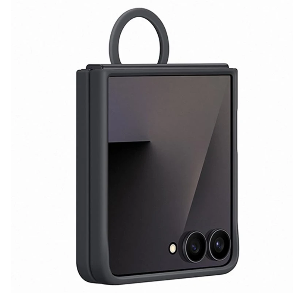 Black foldable silicone phone case with ring handle and dual camera openings