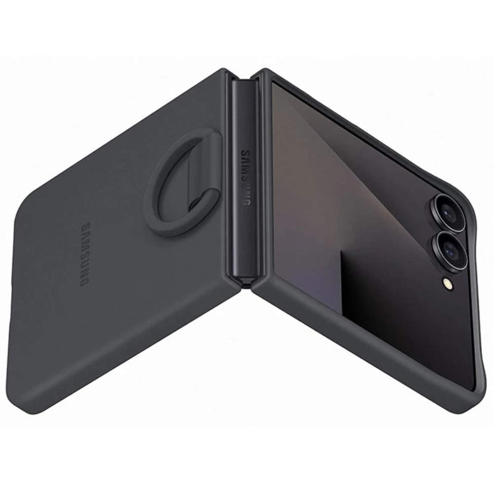 Black silicone flip phone case with ring strap and dual camera cutouts