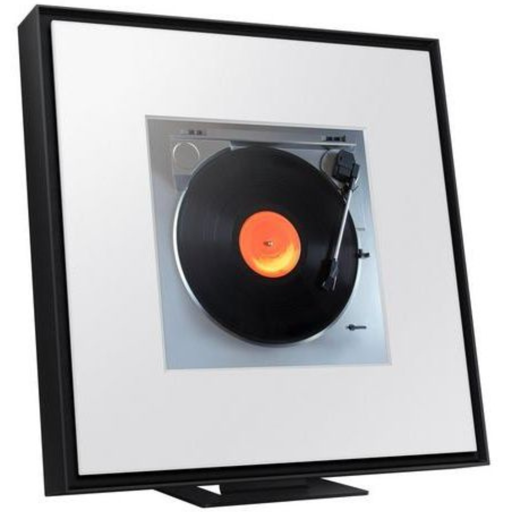 Black music frame speaker with stand, displaying embedded vinyl record image