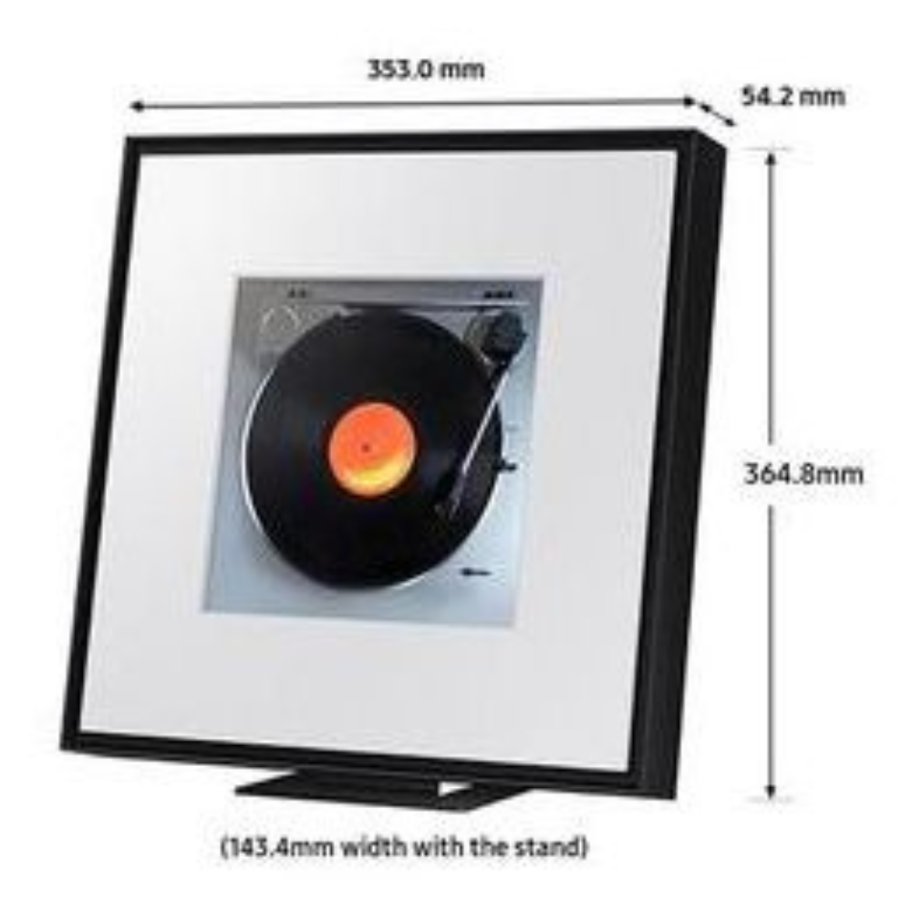 Black music frame speaker with stand, shown with size measurements