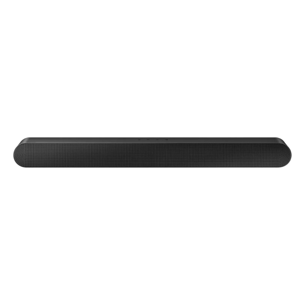 Black slim soundbar with perforated front speaker grille and small top indicator