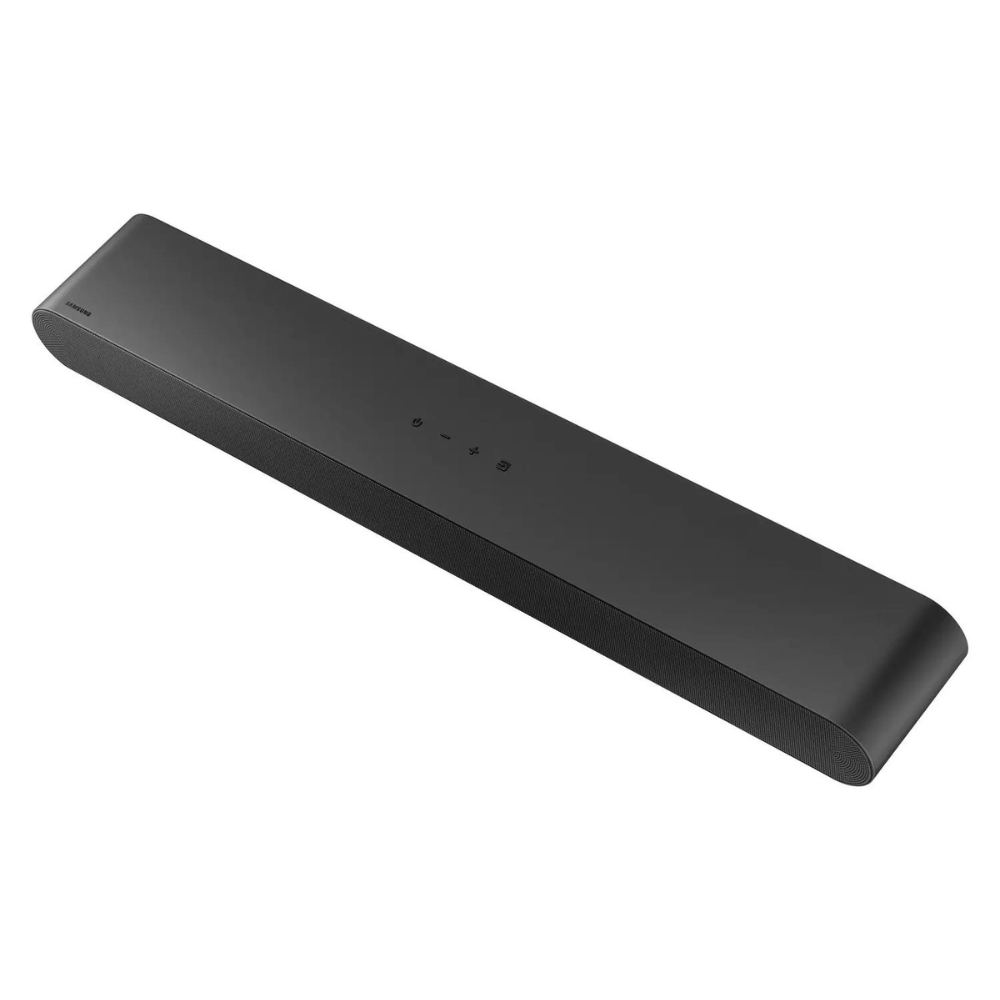 Black soundbar angled view with top controls and perforated front grille