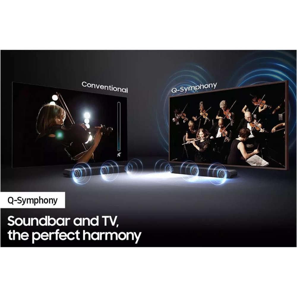 Black soundbar bar with perforated grille and compact, low-profile design