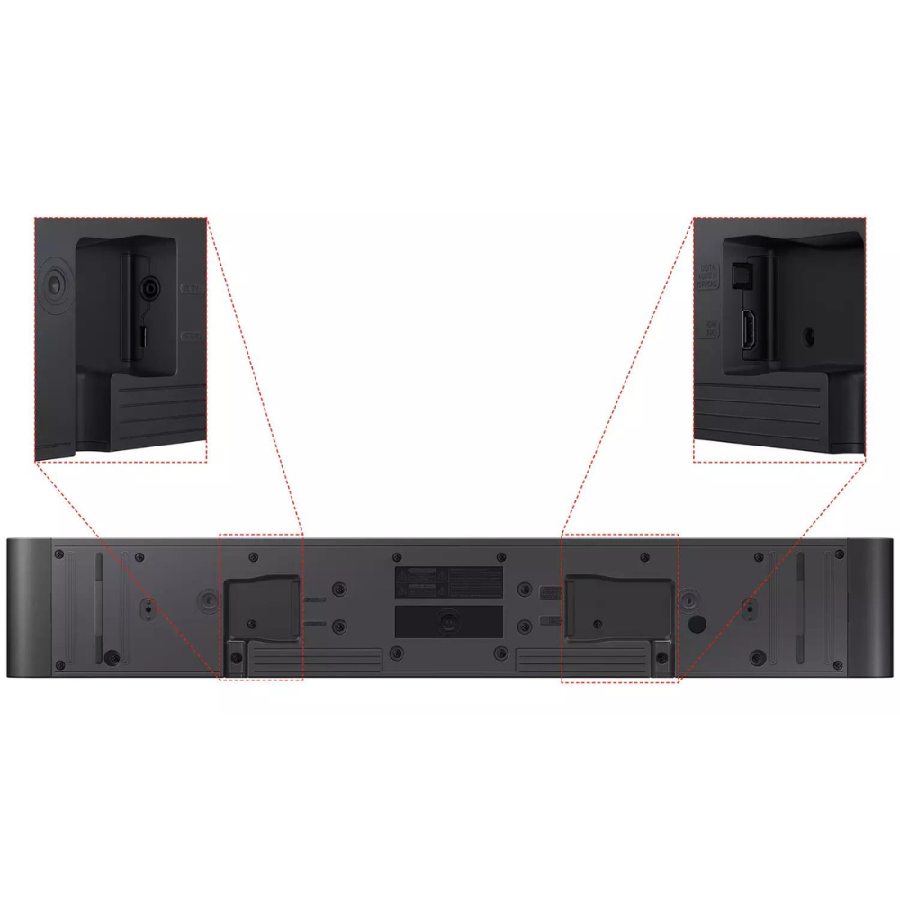Black soundbar rear underside view with ports, speaker holes, and mounting parts