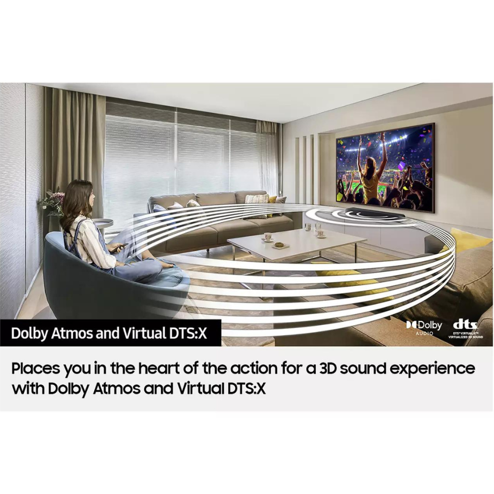 Black soundbar on a stand, slim body with front speaker grille