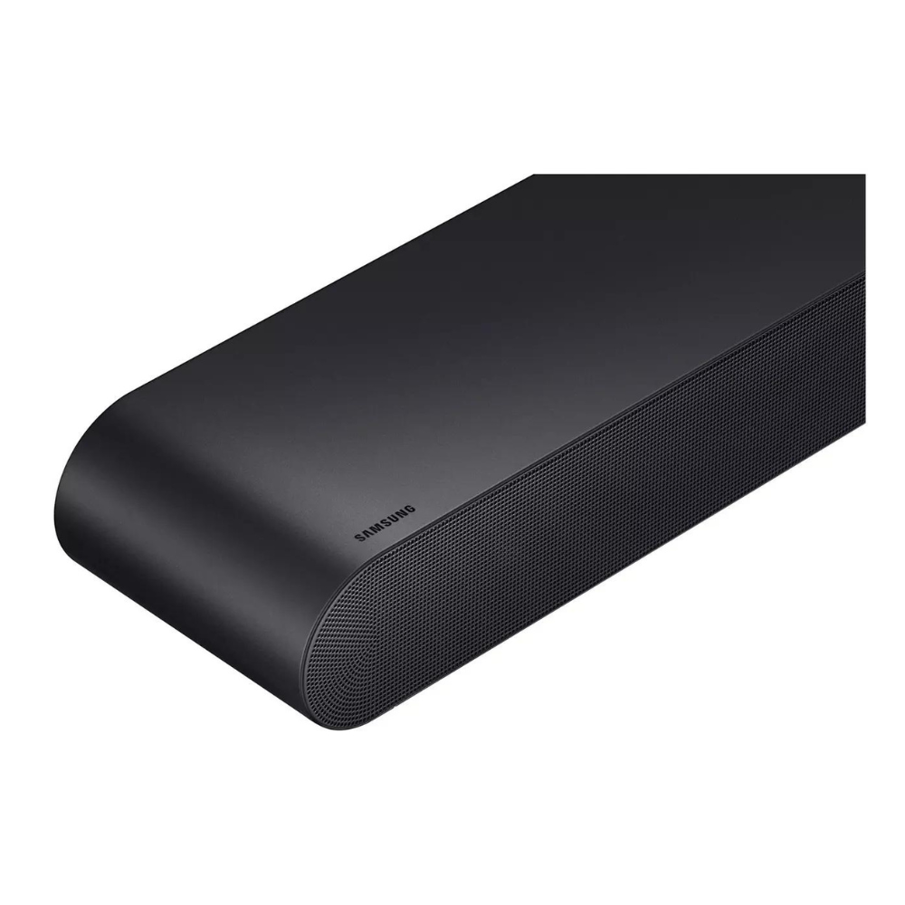 Black soundbar angled view with side perforated grille and smooth rounded ends
