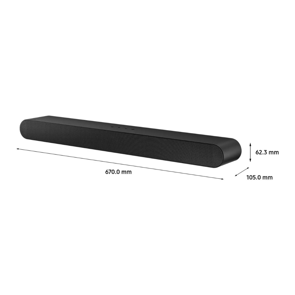 Black soundbar with size labels: 670 x 105 x 62.3 mm